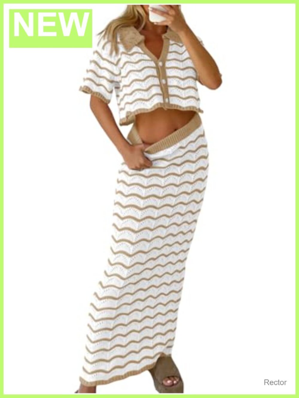 Striped Crochet Knit 2 Piece Set Crop Top Maxi Skirt Cover Up